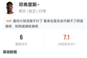 邓弗里斯本场4射2正+15丢失球权 7传中2成功+7对抗3成功 仅获6分-n0