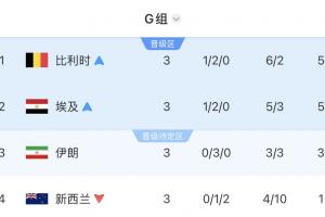 G组最终积分榜：比利时、埃及前二出线，伊朗第3待定，新西兰淘汰-ng
